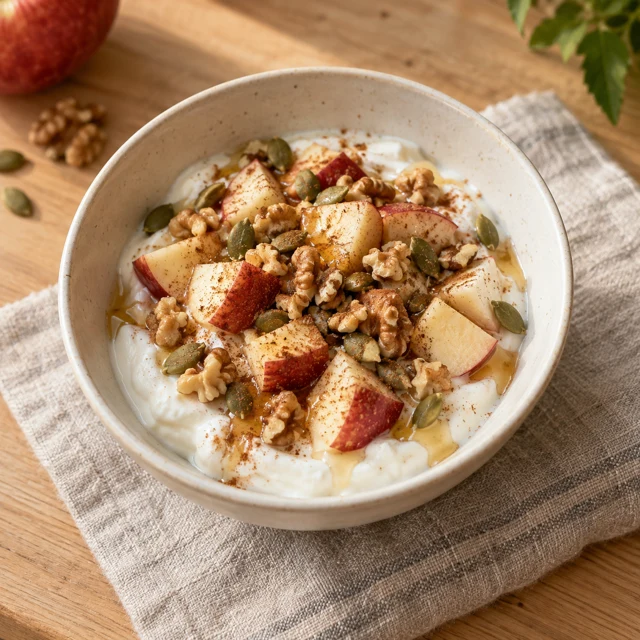 Greek yogurt topped with chopped apple, cinnamon, walnuts and pumpkin seeds
