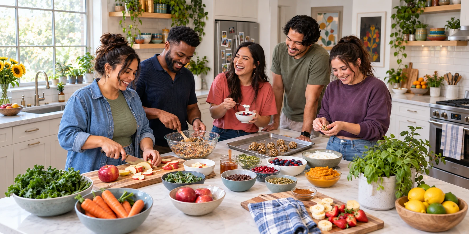 Friends making healthy fall snacks around a table filled with fresh food