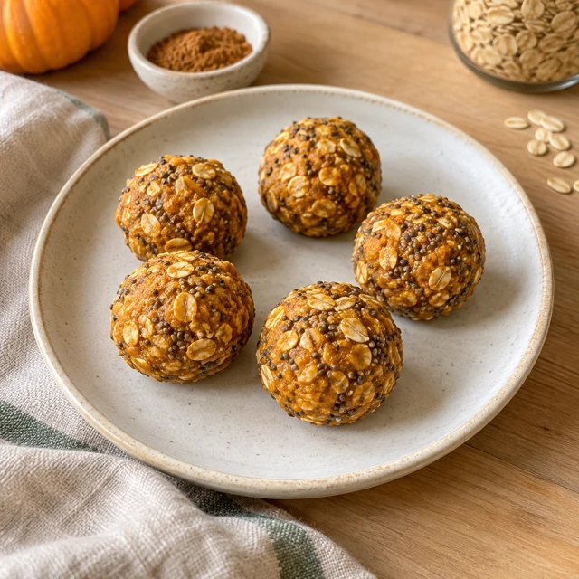 Homemade pumpkin oat energy bites on a cream plate