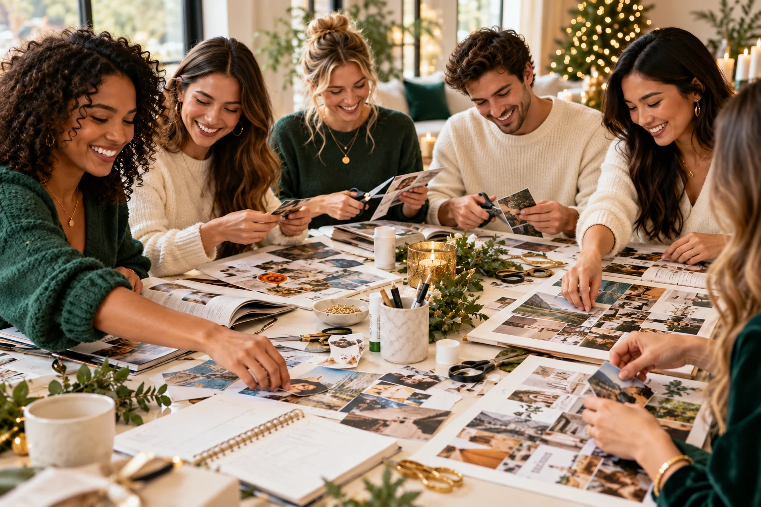 Friends creating vision boards at the Pour Into Your Purpose party