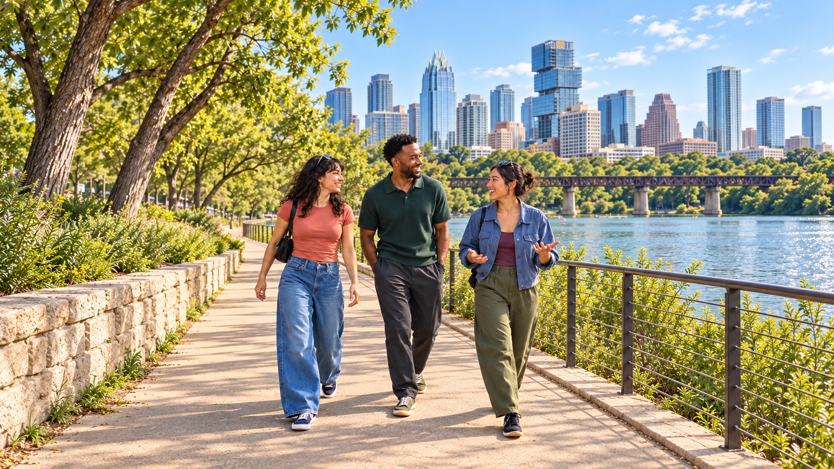 Three friends walking beside Lady Bird Lake with the Austin, Texas skyline