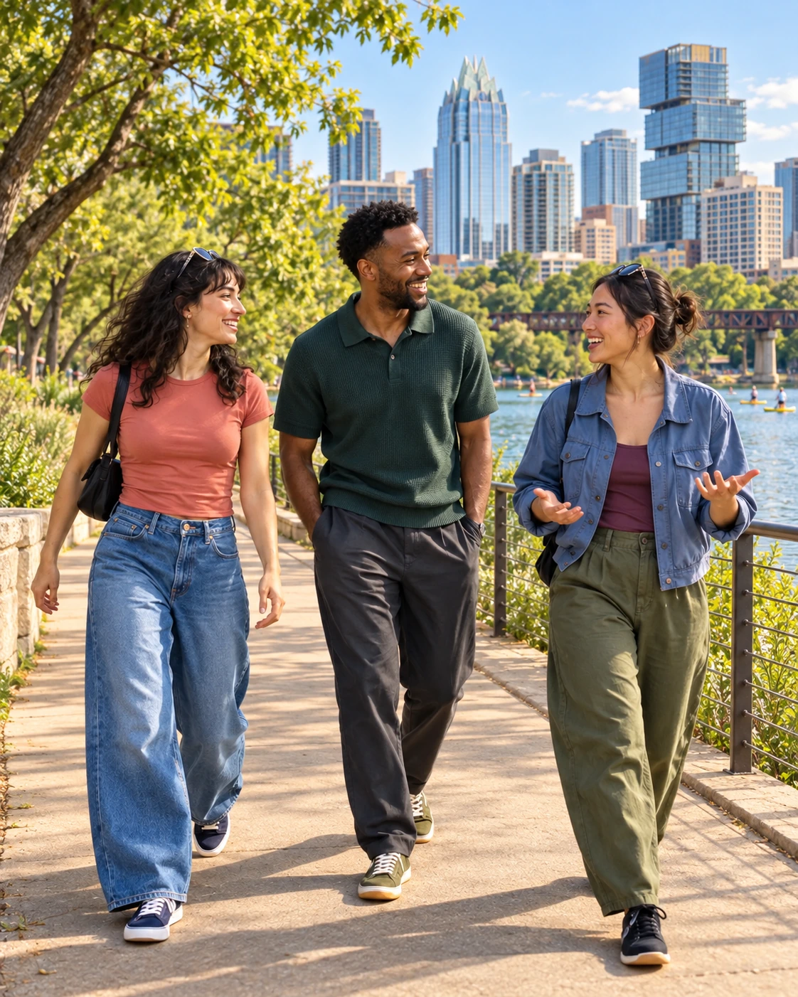 Three friends walking together beside Lady Bird Lake in Austin, Texas