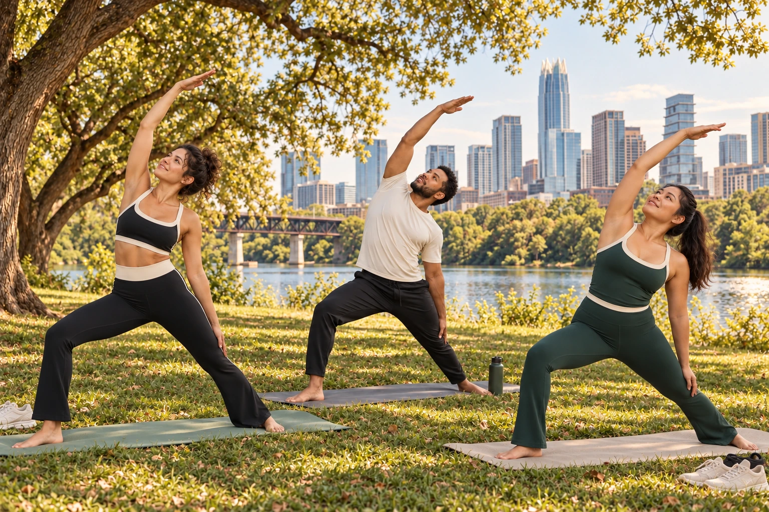 Young adult friends practicing yoga in Austin in refined black, cream and forest-green activewear